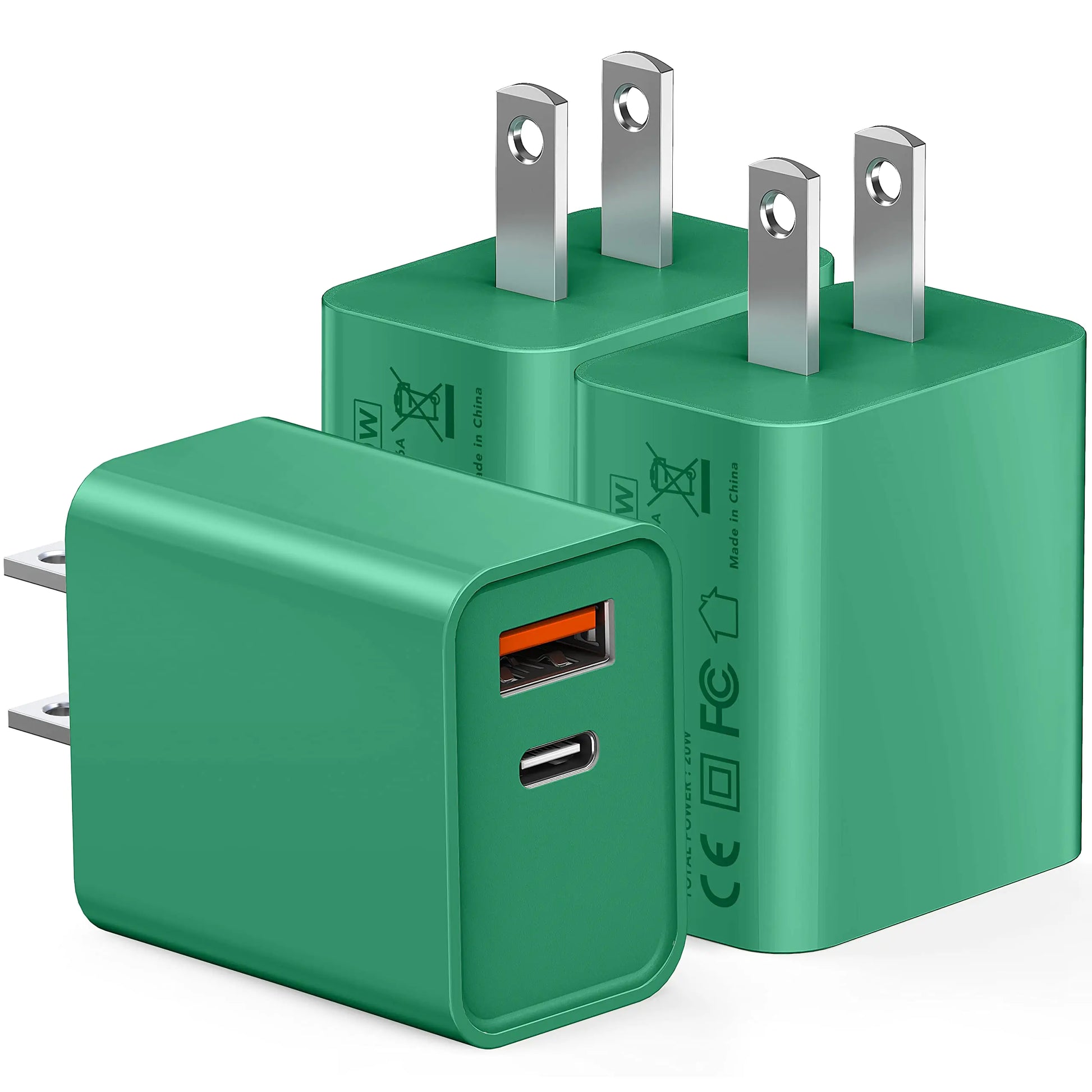 20W USB C Fast Charger 3Pack Durable Dual Port PD 3.0 with USB A Wall Charger Block for iPhone iPad Pro AirPods Pro Samsung Galaxy Motorola LG Google Pixel Brick Plug Power Adapter(Green)