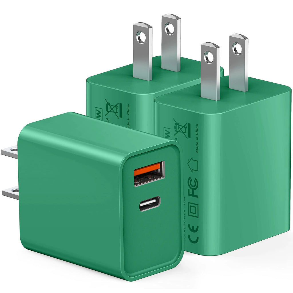 20W USB C Fast Charger 3Pack Durable Dual Port PD 3.0 with USB A Wall Charger Block for iPhone iPad Pro AirPods Pro Samsung Galaxy Motorola LG Google Pixel Brick Plug Power Adapter(Green)
